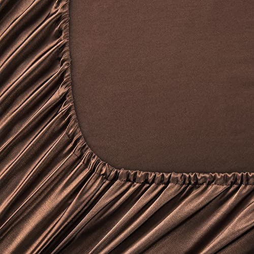 Satin Fitted Sheet, Twin Fitted Sheet Only, 1 - Piece Ultra Soft Deep Pocket Single Silk Bottom Bed Sheet Twin - Brown Luxbedding