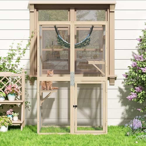COZIWOW Catio Outdoor Cat Enclosure Window Access, Wooden Cat House Shelter, Kitty Cage with Hammock for Patio Indoor (Wood) COZIWOW