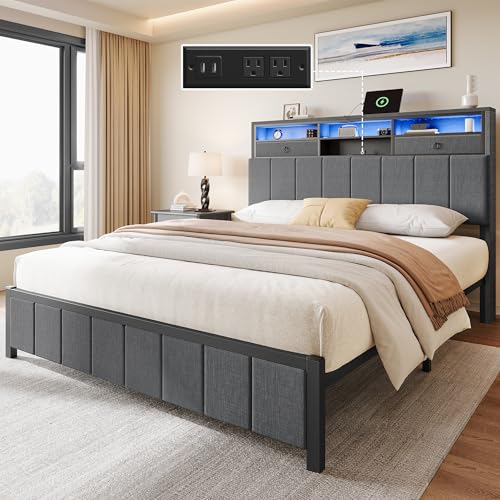 YITAHOME Full Size Bed Frame with Storage Headboard, LED Bed Frame with Drawers and Charging Station, Platform Bed with Sturdy Metal Support, No Box Spring Needed, Grey YITAHOME
