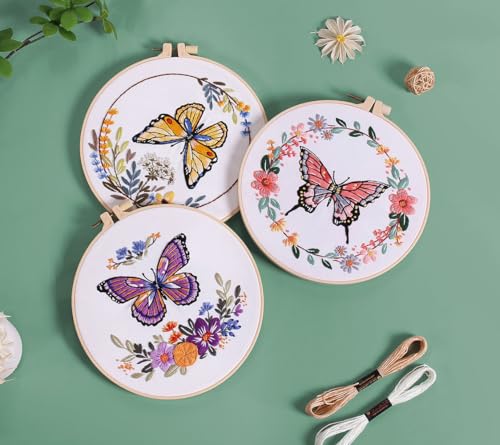 Mozzyyee 3 Sets Embroidery Starter Kit for Beginners Adults Include 3 Embroidery Clothes with Instructions Hoops Floss Thread Fabric Needles (Butterfly)