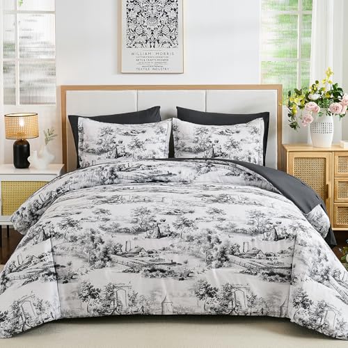 WONGS BEDDING Queen Comforter Set 7 Pieces, Black and White Botanical Bed in a Bag, Farmhouse French Toile Floral Bed Set WONGS BEDDING