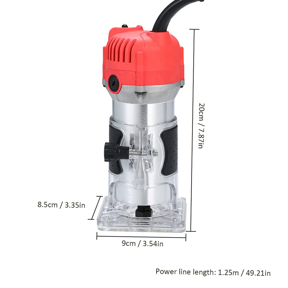 Wood Router, Weytoll 110V 800W Compact Router Tools 30000r/min with Transparent Base Edge Guide Electric Trimmer Compact Palm Router Corded for Woodworking Trimming Slotting Notching/Aluminum Red Weytoll