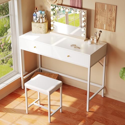SUPERJARE 35.4" White Desk with 2 Drawers, Modern Makeup Vanity with Padded Stool, Small Computer Desk Home Office Desk for Writing Study Bedroom SUPERJARE