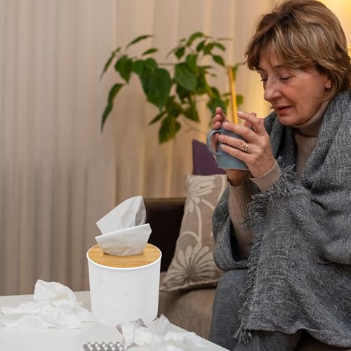 Bamboo Lid Round Tissue Holder Box 5x5'' – Decorative Toilet Paper Roll Dispenser & Dryer Sheet Case – Space-Saving Wood Organizer for Bathroom - for Paper Rolls Under 5 inches only BuleVina