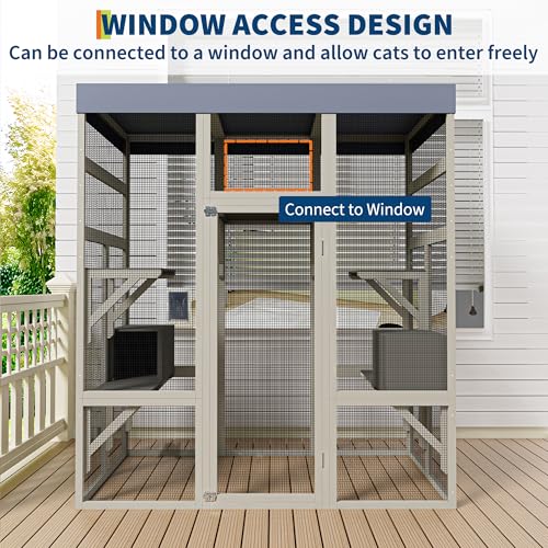 70" Large Outdoor Catio Cat Enclosure, Wood Cat Patio with Waterproof UV-Resistant Roof, Cats Shelter with 5 Platforms and 2 Resting Box, and Secure Rust-Proof Wire for Backyard or Patio IDEALHOUSE