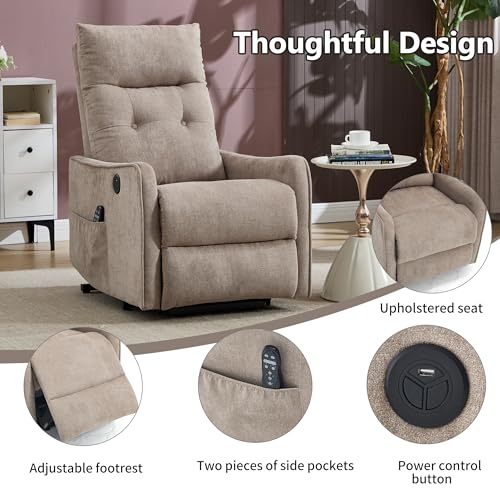 EZZUP Power Lift Recliner Chair with Vibration Massage and Heat for Petite Elderly, Small Lift Chair with Side Pocket Remote Control, Infinite Position, Polyester Fabric Khaqi