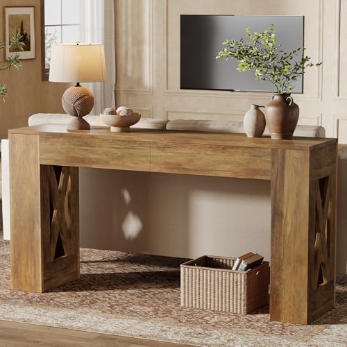 Tribesigns 63-Inch Long Console Table, Farmhouse Entryway Table with 2 Drawers and X-Shaped Legs, Narrow Sofa Furniture Behind The Couch for Entrance, Hallway, Living Room, Warm Brown Tribesigns