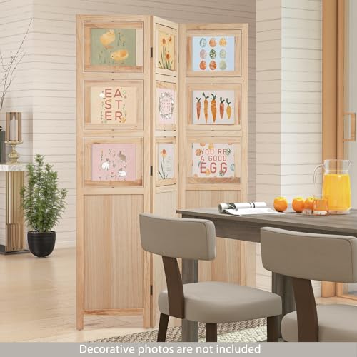 Giantex 3 Panel Room Divider with 9 Rotating Picture Frames, 67'' Folding Privacy Screen for Photo Display, Freestanding Wood Wall Partition for Room Separation, Bedroom, Office, Natural Giantex