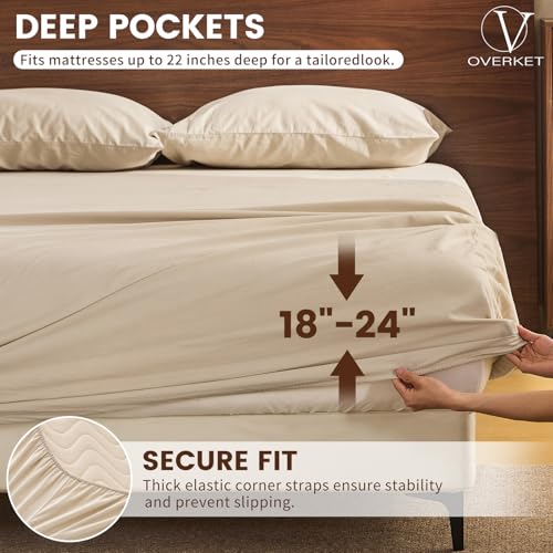 Overket 100% Linen Sheet Set Queen Size Extra Deep Pocket Fits 18-24 Inch Mattress, Breathable & Soft, Smooth 4-Piece Set for Thick Mattresses Hotel Luxury Bedding(Queen, Linen) Overket