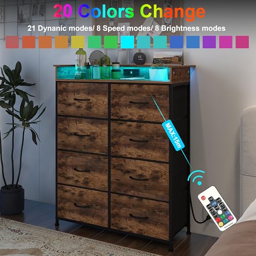 Welfuturer Tall Dresser for Bedroom with Charge Station 8 Drawers Dresser with LED Lights Chest Organizer Units for Hallway Entryway Closets Sturdy Steel Frame Wood Top Easy Pull Handle Rustic Brown Welfuturer