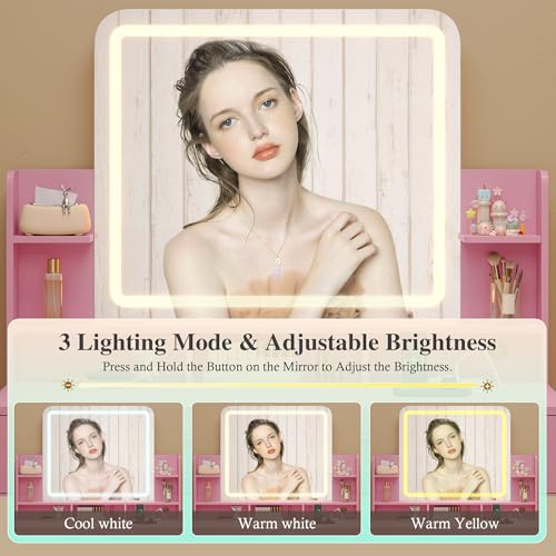 Dnxao Makeup Vanity with Mirror and Lights,Vanity Desk with Lights & 5 Drawers,Makeup Desk with Charging Station & Cabinets Adjustable Width, Modern Dressing Table for Bedroom,Pink Dnxao