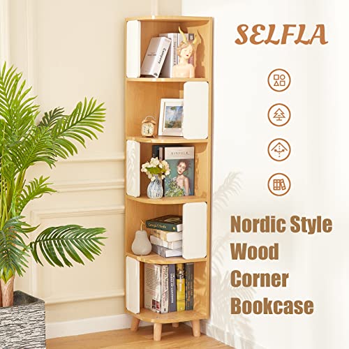 SELFLA Nordic 5-Tier Wood Corner Bookshelf – Modern Tall Bookcase in Natural & White SELFLA