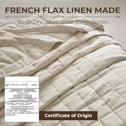 Powdion French Linen Quilt King, Pre-Washed Linen Front and Cotton Back European Comforter, Lightweight Breathable Cotton Quilt King Size for All Season, 3 Pcs Box Stitch Beige King Quilt Powdion