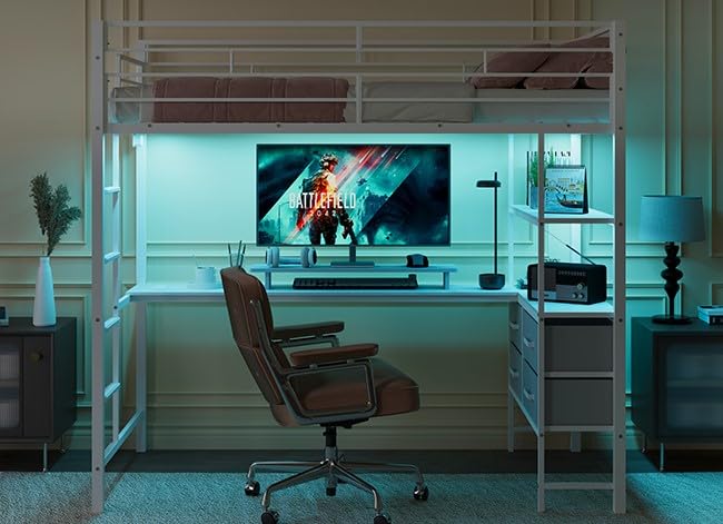 VINGLI Full Metal Loft Bed Frame with L-Shaped Desk/15 Inches Guardrail, Non-Slip Ladder, 2 Charging Stations, 4 Drawers/Storage Shelves/LED Lights, for Kids Teens Adults, No Box Spring Needed, White VINGLI