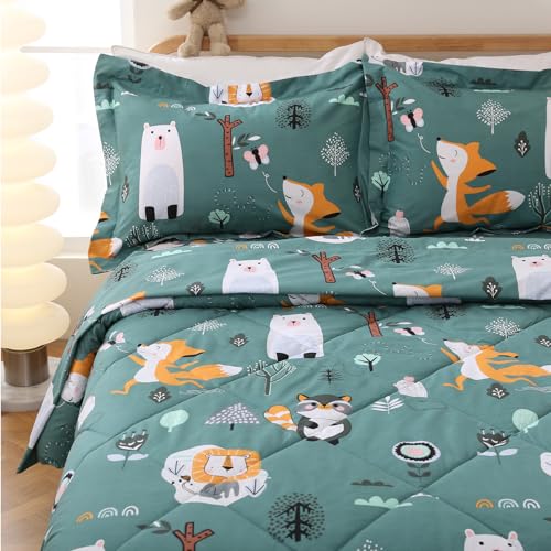 JSD Green Forest Animals Kids Comforter Set Twin Size, 2 Piece Woodland Printed Microfiber Bedding Set, Machine Washable JSD