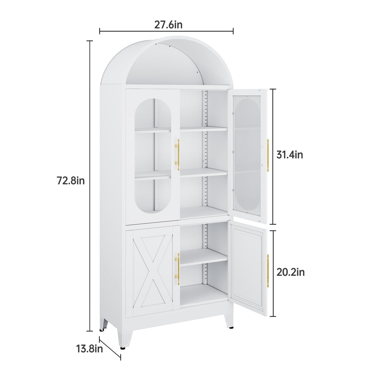73" Metal Tall Arched Kitchen Pantry Cabinet,Arched Cabinet,Arched Bookshelf China/Curio Cabinet Farmhouse Kitchen Storage Cabinets with 4 Doors&3 Adjustable Shelves,Glass Door for Kitchen,Dining Room AUEYTVR