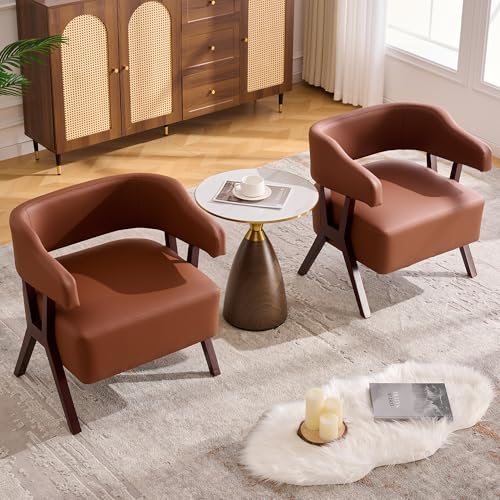 JIASTING Barrel Accent Chairs, Brown Leather Chairs with Solid Wood Frame, Mid-Century Modern Wooden Armchair with Wraparound Back, Comfy Office Reading Chair for Living Room, Bedroom (2, Brown) JIASTING