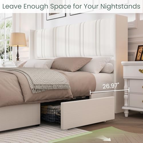 LARMACE Queen Size Bed Frame with 4 Storage Drawers and Wingback Headboard Linen Upholstered Platform Bed Frame with Wooden Slats, Easy Assembly, White LARMACE