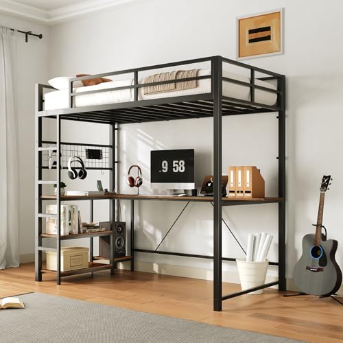 HOOBRO Twin Size Loft Bed with Ladder and Guardrail, Metal Bunk Bed with Desk, LED Lights and Charging Station for Teens, Adults, Space Saving, No Box Spring Needed, Black and Rustic Brown HOOBRO