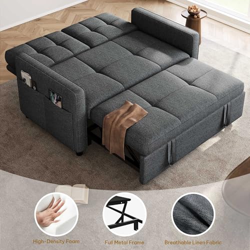 YITAHOME 55" Convertible Sofa Bed, 3-in-1 Sleeper Sofa with Iron Frame Pull-Out Bed, Linen Futon Couch with Reclining Backrest and Side Pocket, Modern Loveseat for Living Room Bedroom Apartment, Grey YITAHOME