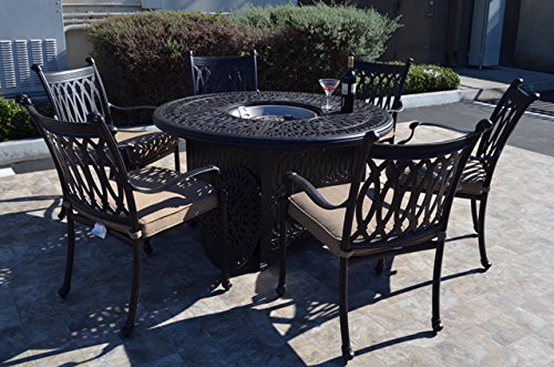 Grand Tuscany Outdoor Patio 7 pcs Round Fire Gas 52" Dining Set Dark Bronze Cast Aluminum Sunbrella Cushions (Set with 6 Regular Chairs) Patio Land