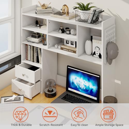 ELECWISH Desktop Bookshelf, Desk Shelf with 2 Drawers for Computer Desk, 36.22" 7-Tier Adjustable Desktop Hutch Organizer with Pegboard for Home Office, White ELECWISH