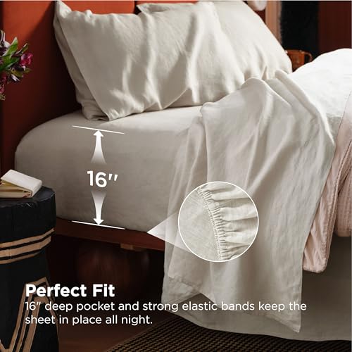 Bedsure King Size Bed Sheets, Cotton Linen Sheet Set, Anti - Pilling, Ultra-Soft & Breathable, Deep Pocket King Fitted Bedsheets Up to 16 Inches, 4 Pieces, Linen Bedsure