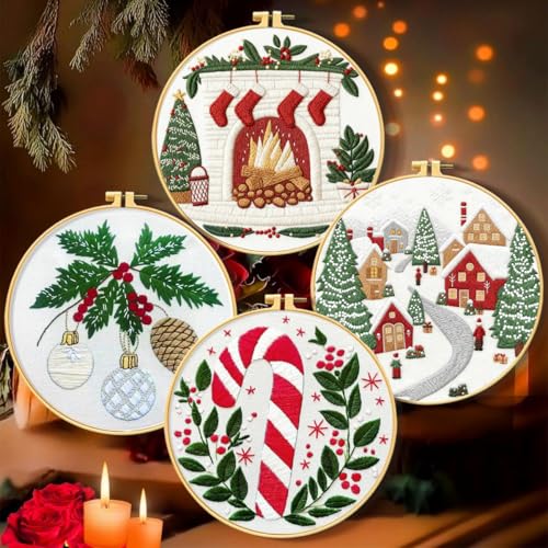 Zhenqing Christmas Embroidery Kit for Beginners - 4 Piece 29x29cm Round Designs with Embroidery Hoop, Threads & Tools (Snowy Cabin, Fireplace, Candy Cane, Holly)(C0066)