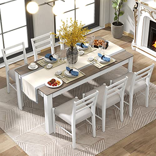 7 Pieces Dining Table Set Wooden Rectangle Extendable Table with 12” Leaf and 2 Drawers, 6 Dining Chairs with Soft Cushion, Kitchen Dining Room Set for 6 Persons (Brown + White) Merax