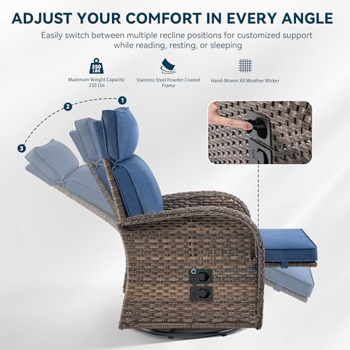 Jelwaly Zero Gravity Patio Swivel Recliner Chairs Set of 2 - Wicker Outdoor Lounge Chair with Adjustable Backrest & Footrest, All Weather Reclining Rocker Chairs with Thick Cushion for Pool Deck Blue