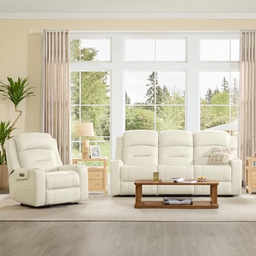 Watson & Whitely Genuine Leather Power Recliner Chairs for Adults, Lay Flat Recliner with Power Headrest, USB Ports and Cup Holders, Electric Reclining Sofa for Living Room, Bedroom, Cream