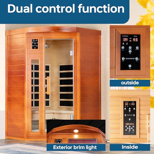 WOODBRIDGE Infrared Sauna Room 2 Person Japanese Cedar Indoor Corner Sauna with 7 Carbon Heaters, Red Light Therapy,Bluetooth Speaker,Intelligent Dual Control System,Tempered Glass,Exterior Brim Light WOODBRIDGE
