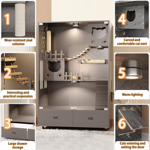 Wooden Cat House Large Space Cat Cage, Indoor/Outdoor Cat Enclosure with Wheels, Multi-Feature Enclosed Cat Condo with 2 Drawers for Indoor Cats Ventilation Glass Doors,57" X 36" X 24" HUATOL