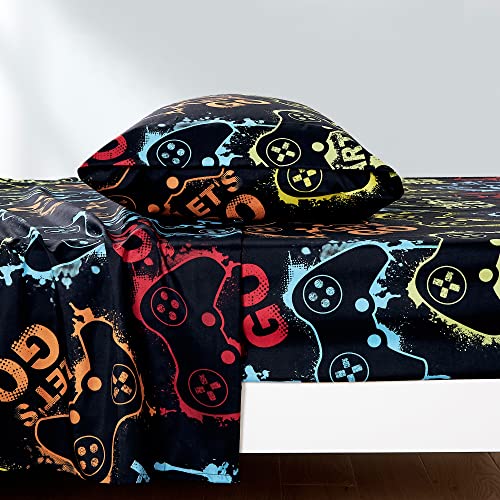 Chezmoi Collection 4-Piece Kids/Teens Gamer Sheet Set - Soft Microfiber Multi-Color Video Games Gamepad Whimsical Fun Kids Sheets, Full Size Chezmoi Collection