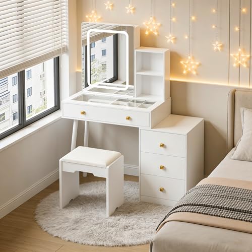 KAMABOKO Vanity Desk with LED Lights Mirror & Power Outlet, Small Makeup Vanity Table Set with 3 LED Lights Modes Adjustable Brightness,Dressing Table for Women and Girls Bedroom (055 White) KAMABOKO