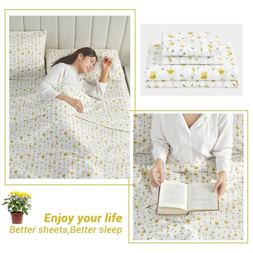 Softan Yellow Floral Bed Sheets Full Flower Printed Sheets - Patterned Microfiber Fitted Sheets Full with 15" Deep Pocket & Non-Slip Straps, Cute Flower Sheets & Pillowcase Set Softan