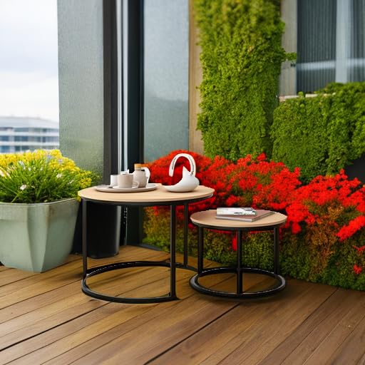 HOJINLINERO Industrial Round Coffee Table Set of 2 End Table for Living Room,Stacking Side Tables, Sturdy and Easy Assembly,Wood Look Accent Furniture with Metal Frame,Black+Teak OAKDK HOJINLINERO