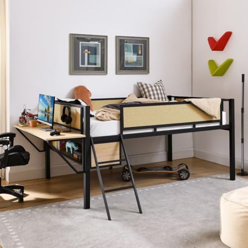 Single Game Bed Metal Full Loft Bed with Rectangular Desk, LED Lights, LED loft Bed Frame Double Bed with Storage Shelves and Hanging Storage Compartments, Safety Guard and Ladder, Rattang(Natural) JIJIWANG