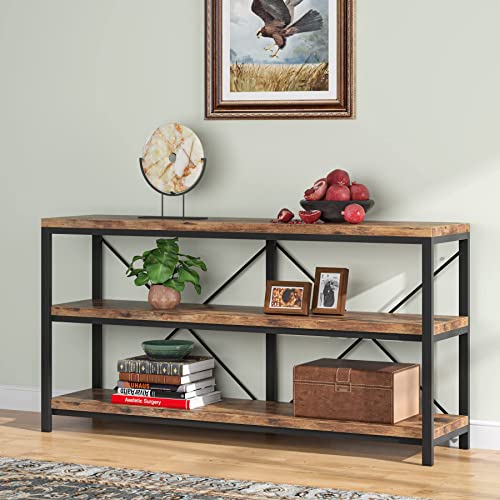 55 Inches Long Sofa Table with Storage Shelves, 3 Tiers Industrial Rustic Console Table with Open Shelves, Three Decorative Shelf, Open TV Shelf for Living Room, Hallway, Book Tribesigns