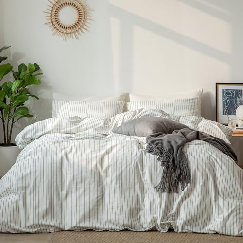 MooMee Striped Duvet Cover Set 100% Washed Cotton Linen Like Textured Breathable Durable Soft Comfy (White Dark Grey Wide Stripes, Queen 90"x90") MooMee