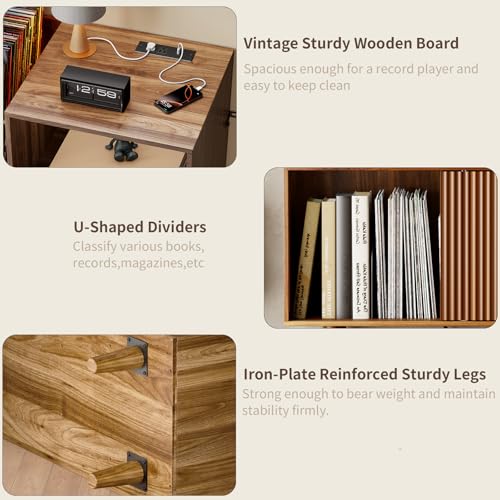 fineway Large Record Player Stand with Power Outlets & LED Lights, Record Player Table Cabinet with Vinyl Record Storage Holds up to 300 Albums, Turntable Stand for Living Room, Bedroom fineway