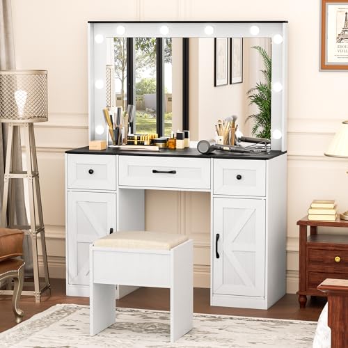 INTERGREAT 57" Makeup Vanity Desk with Large Mirror and 10 LED Lights,Dressing Table with Power Outlet & 5 Drawers,3 Lighting Color Adjustable,Vanity Desk for Girls,White INTERGREAT