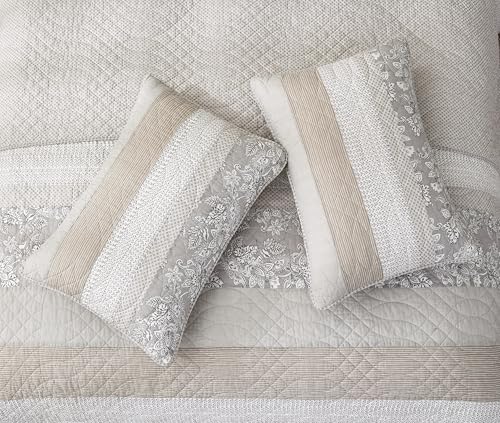 Chezmoi Collection Robyn 3-Piece Neutral Taupe Gray White Floral Hibiscus Flower Patchwork Striped Quilt Set - Pre-Washed Cotton Coverlet - Lightweight Reversible Bedspread, Queen Size Chezmoi Collection