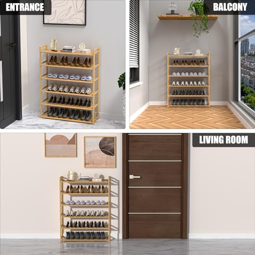 RESTSUKO 6-Tier Free Standing Shoe Racks, Bamboo Wood Shoe Rack for Entryway & Closet, Holds up to 24 Pairs of Shoes RESTSUKO