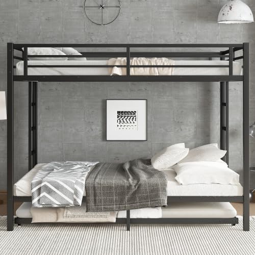 Metal Bunk Bed with Trundle Bed, Queen Over Queen Bunk Bed Frame with 2 Side Ladder and Thicker Legs, Black Bellemave
