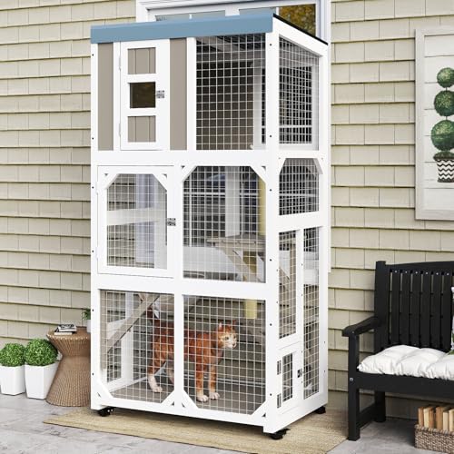 Mayugardening Catio Outdoor Cat Enclosure,Outdoor Cats House with 5 Platforms & Space Capsule,Wooden Cat Catio Cats Enclosure with Weatherproof Oxford Cloth Roof & 4 Wheels,Grey mayugardening