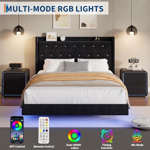 IDEALHOUSE Queen Size Bed Frame with LED Lights, Floating Platform Bed with Velvet Upholstered Storage Headboard, No Box Spring Needed, Noise Free, Easy Assembly IDEALHOUSE