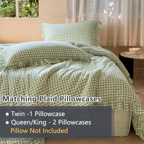 NSNLGSGC Sage Green Ruffle Gingham Comforter Set Queen, Pre-Washed Ruffled Plaid Checked Comforter Bedding, 3 Pieces Vintage Farmhouse Grid Bedding Set(Green Gingham, Queen) NSNLGSGC
