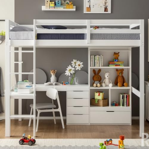 PVWIIK Full Size Loft Bed with Desk & Storage Shelves & Storage Drawers for Kids,Teens,Adults,High Loft Bed with Built-in Ladder & Guardrails,Space Saving,White PVWIIK