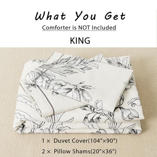LEMIROE 100% Cotton Duvet Cover King Size,Vintage Design with Luxrious Black Sketched Flowers & Leaves on Cream,Reversible Taupe Bed Sets 3Pcs,Button Closure LEMIROE